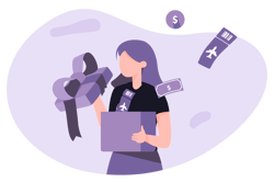 Illustration of woman holding gift box filled with cash and plane tickets