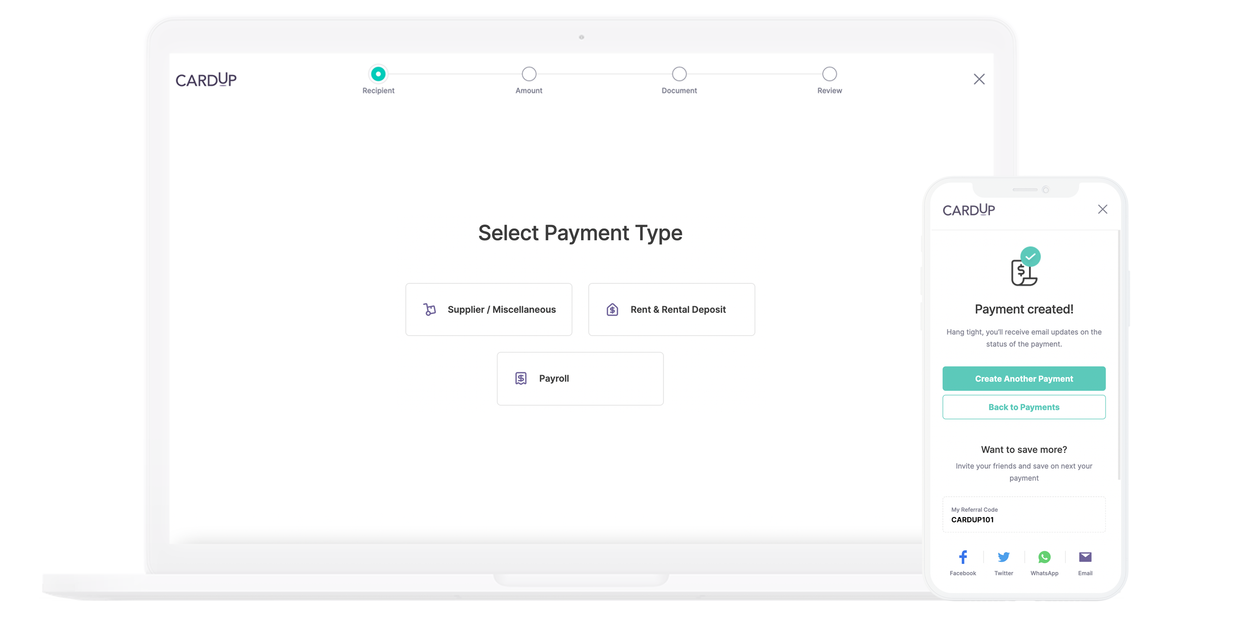 Pay via CardUp's platform easily from your laptop or mobile