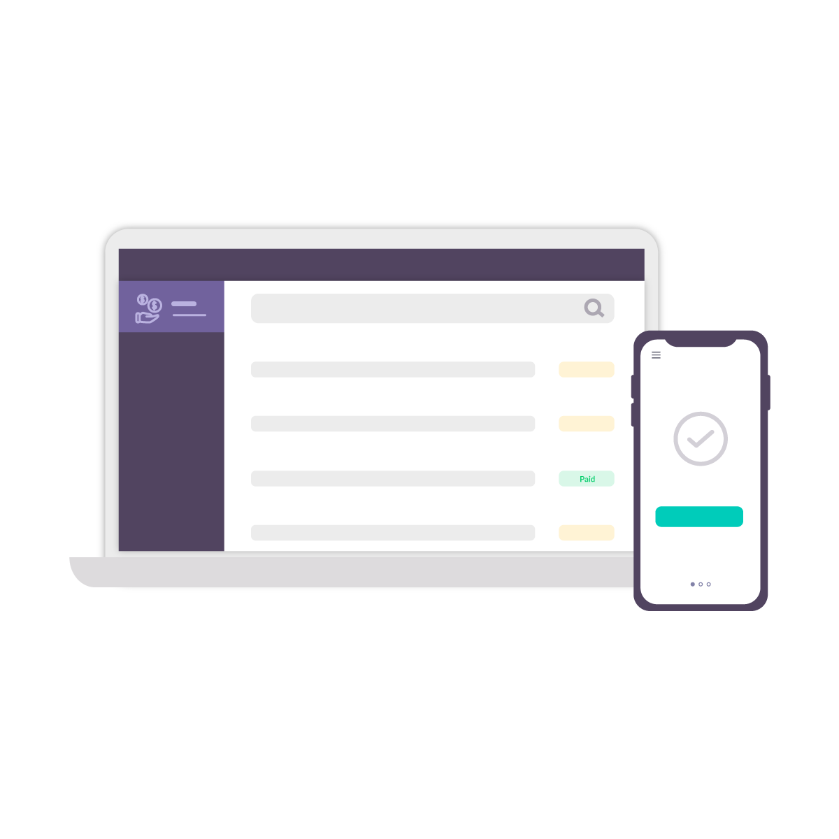 Payment dashboard viewed through laptop, payment made page viewed through phone